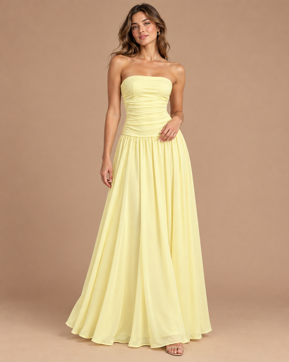 Strapless Ruched Drop Waist Maxi Dress in Butter Yellow, front view on model