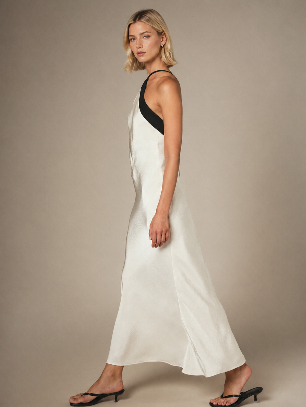 Contrast-Trim Halterneck Satin Maxi Dress in Off-White