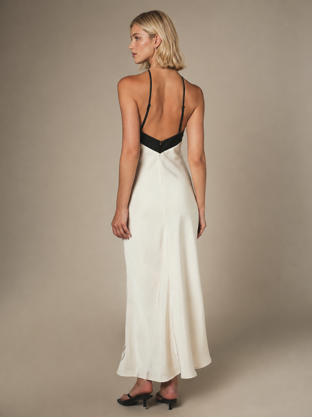 Contrast-Trim Halterneck Satin Maxi Dress in Off-White