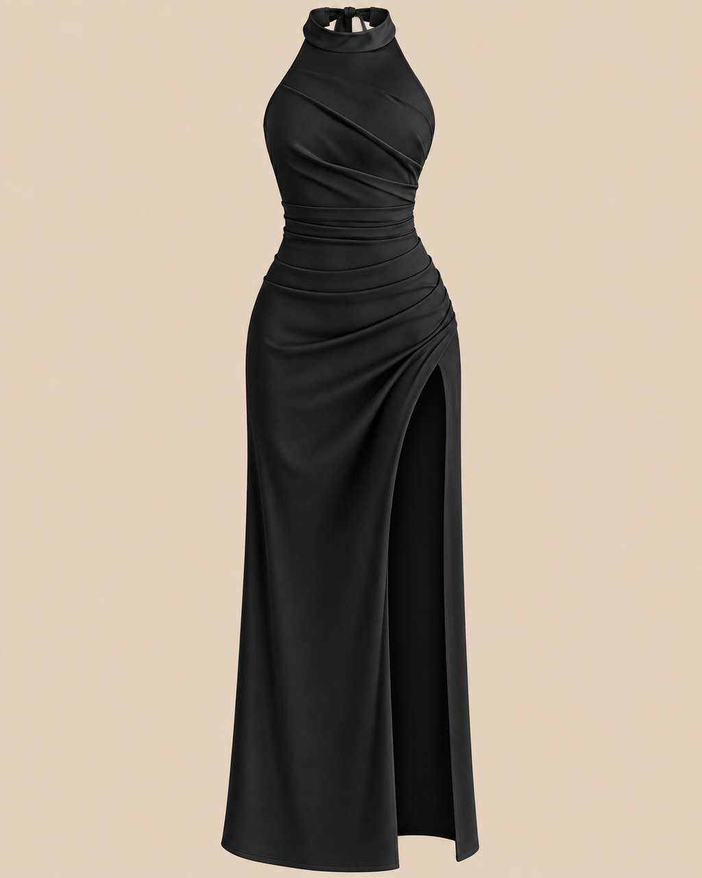 Halterneck Ruched Split Maxi Dress in Black, front view laid flat showing the thigh split