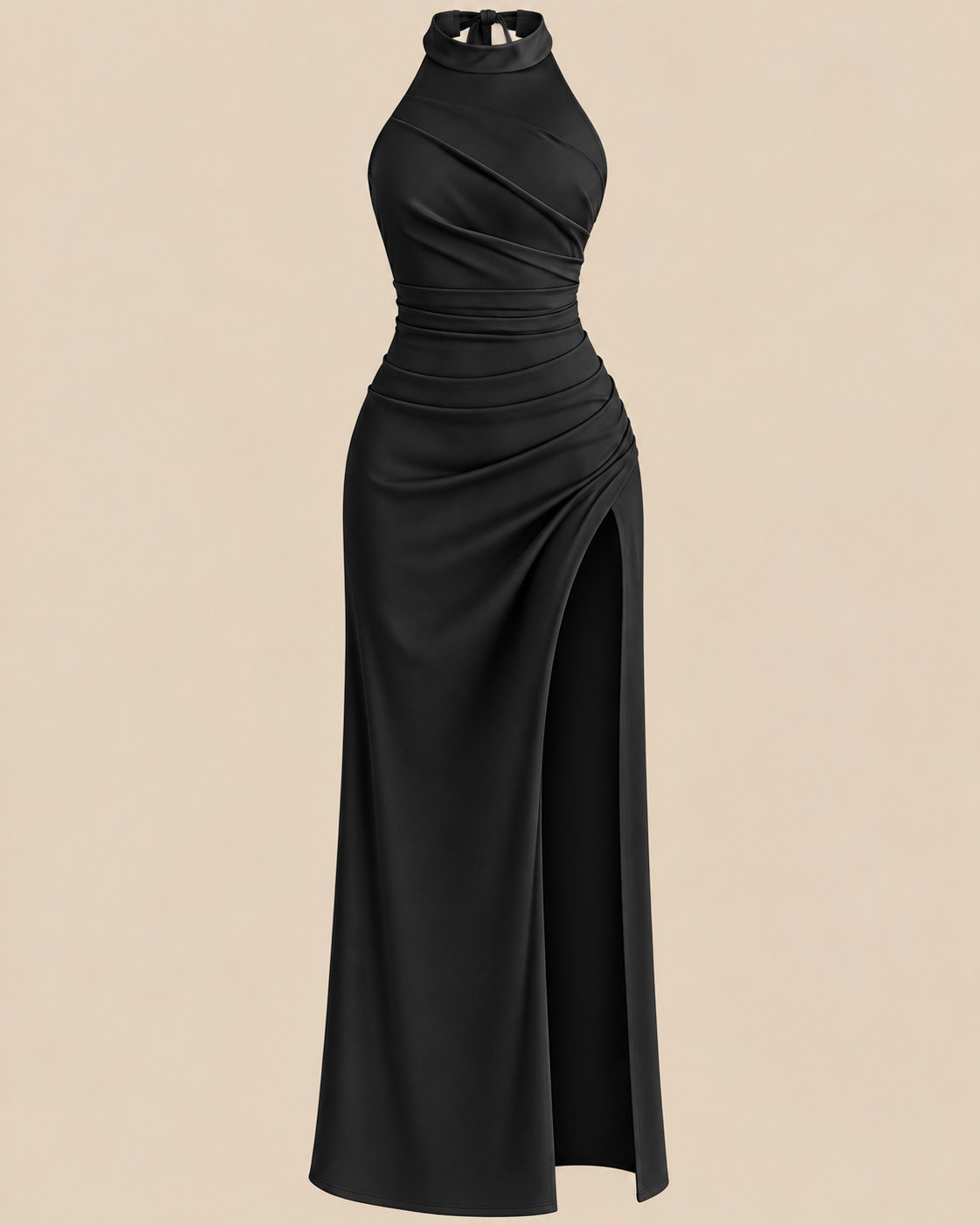 Halterneck Ruched Split Maxi Dress in Black, front view laid flat showing the thigh split