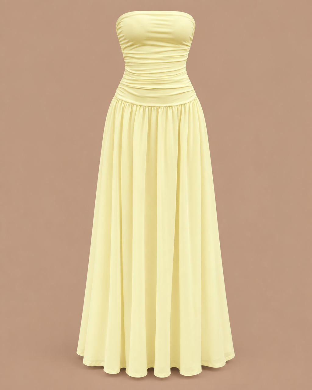 Strapless Ruched Drop Waist Maxi Dress in Butter Yellow, shown on its own