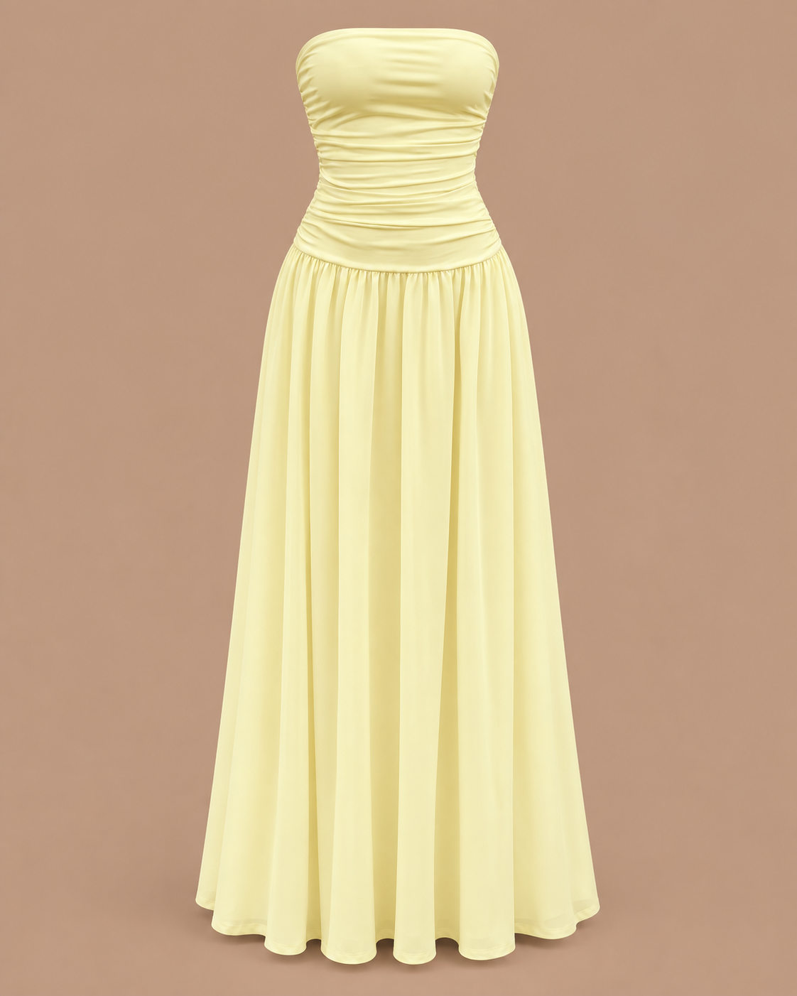 Strapless Ruched Drop Waist Maxi Dress in Butter Yellow, shown on its own