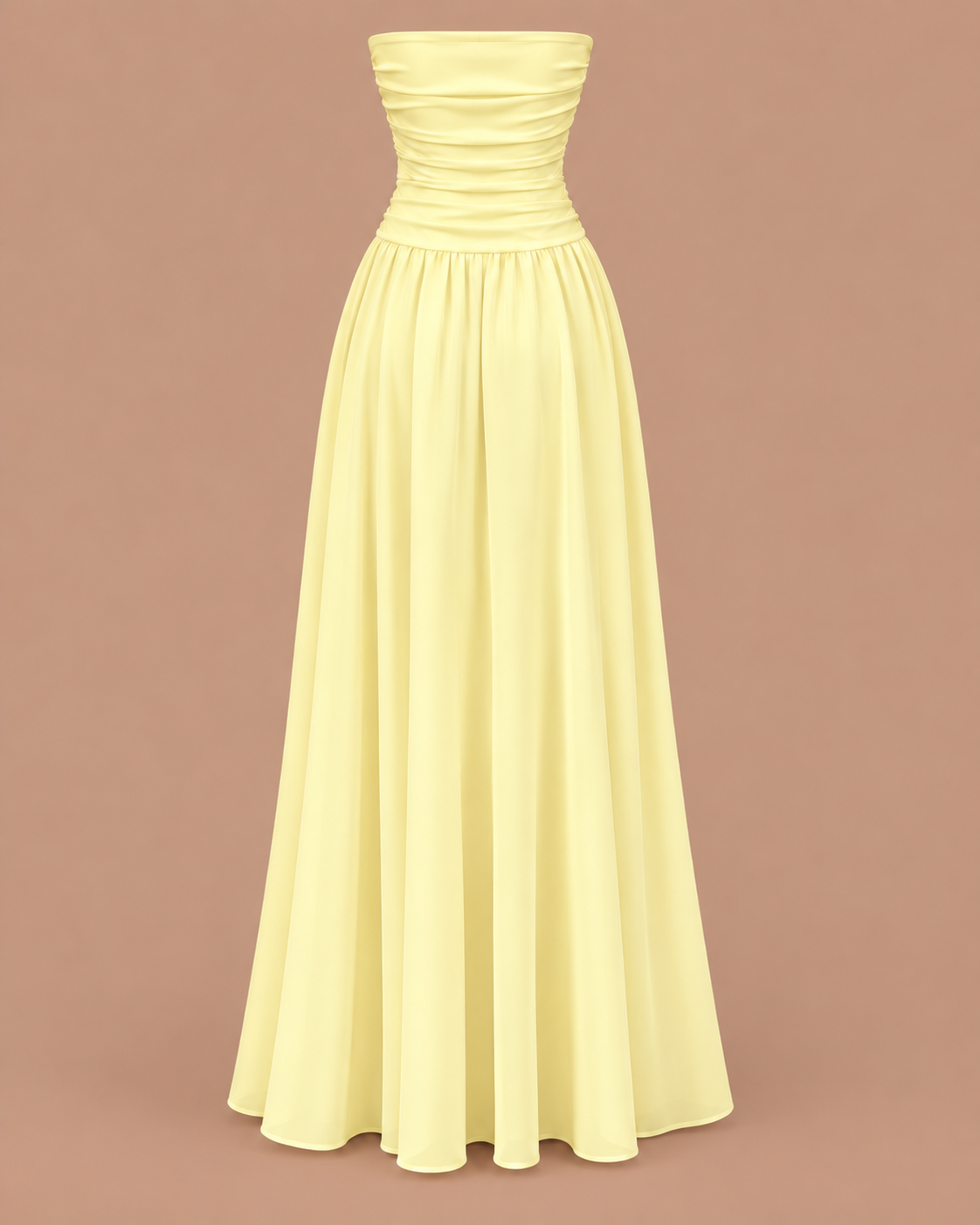 Strapless Ruched Drop Waist Maxi Dress in Butter Yellow, shown on its own, second view