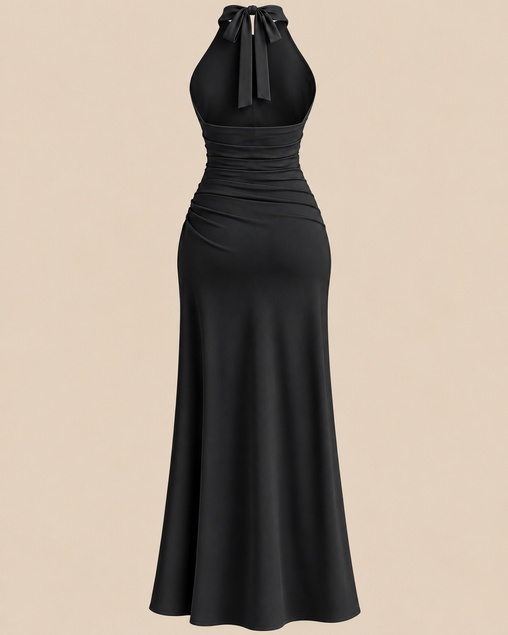 Halterneck Ruched Split Maxi Dress in Black, back view laid flat showing the halter bow