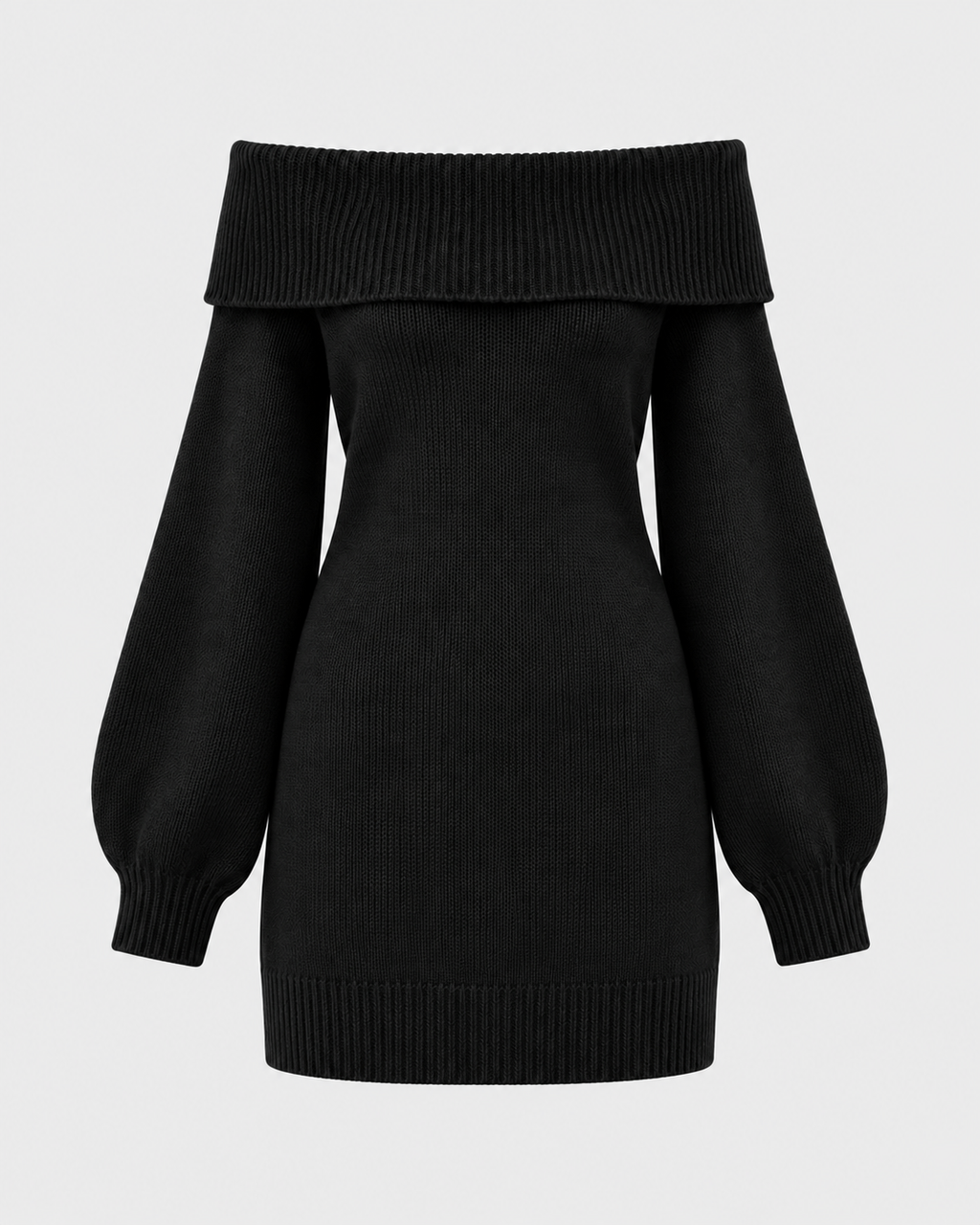 Off-Shoulder Lantern Sleeve Knit Mini Dress in Black, laid flat