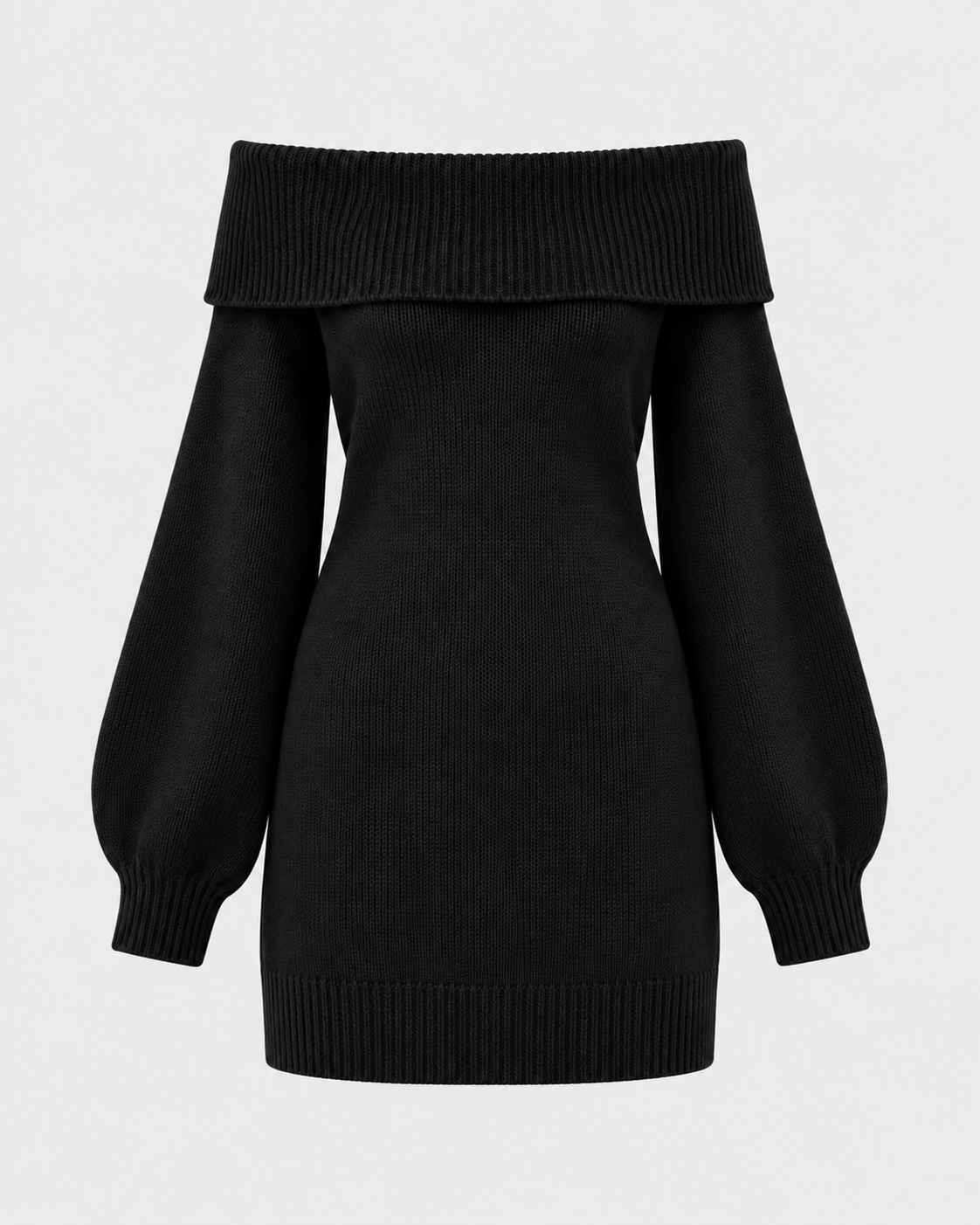Off-Shoulder Lantern Sleeve Knit Mini Dress in Black, laid flat