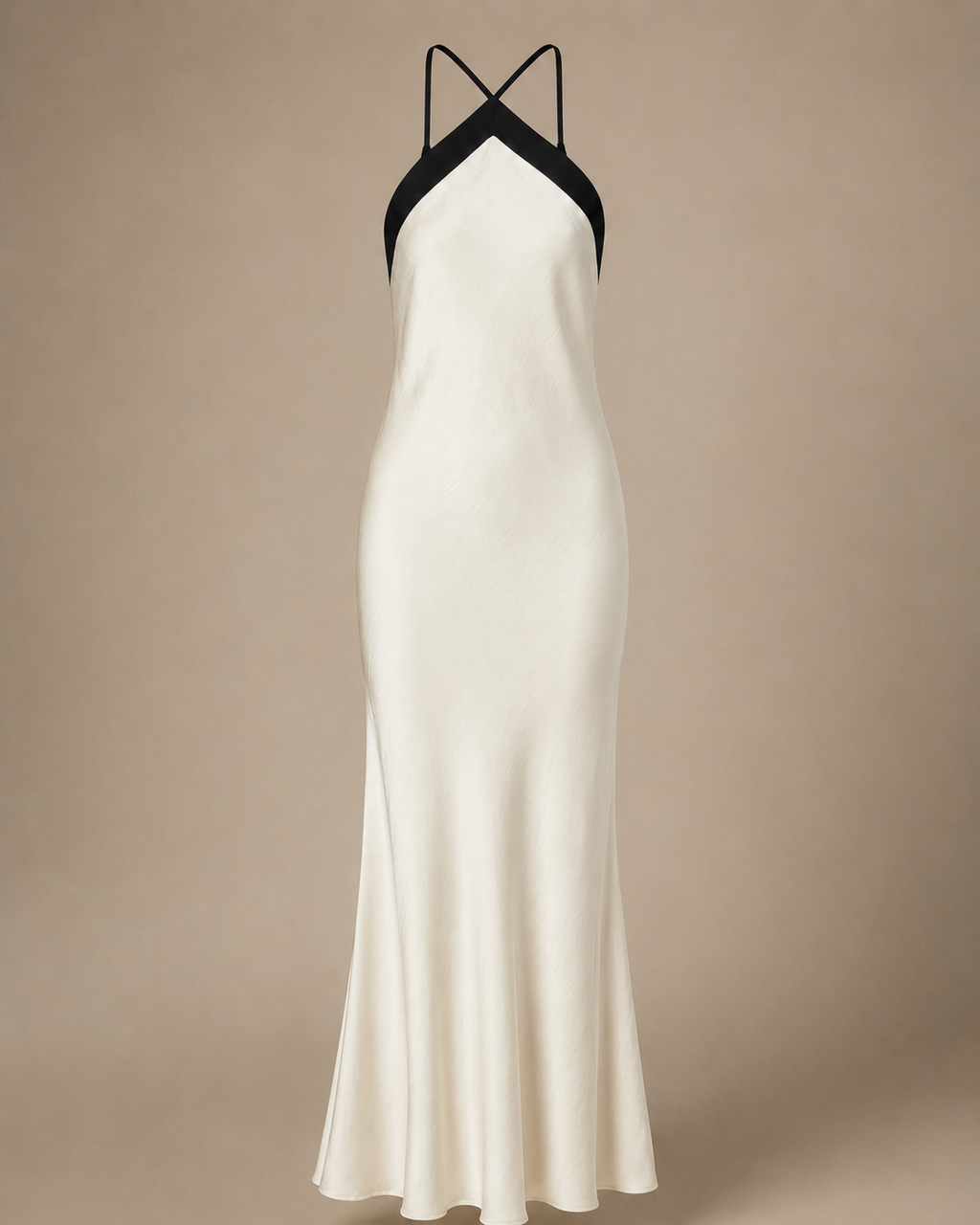 Contrast-Trim Halterneck Satin Maxi Dress in Off-White