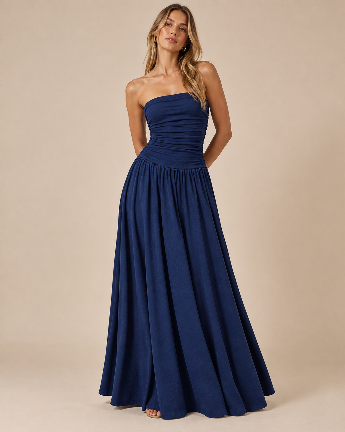 Strapless Ruched Drop Waist Maxi Dress in Navy Blue, front view on model