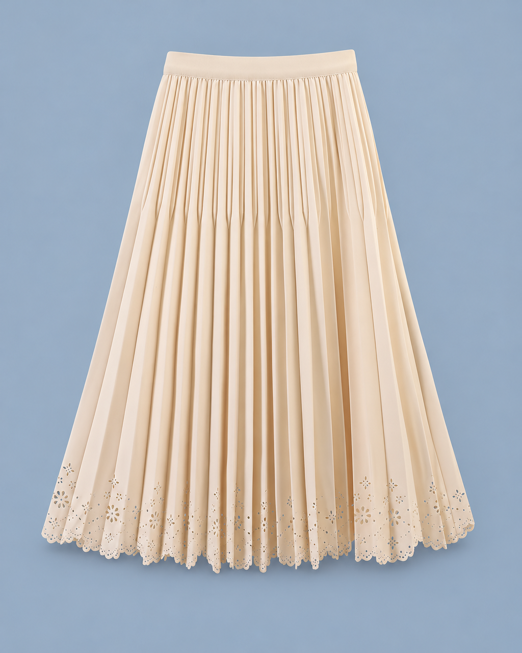 Pleated Eyelet Hem Midi Skirt in Cream, front view on its own