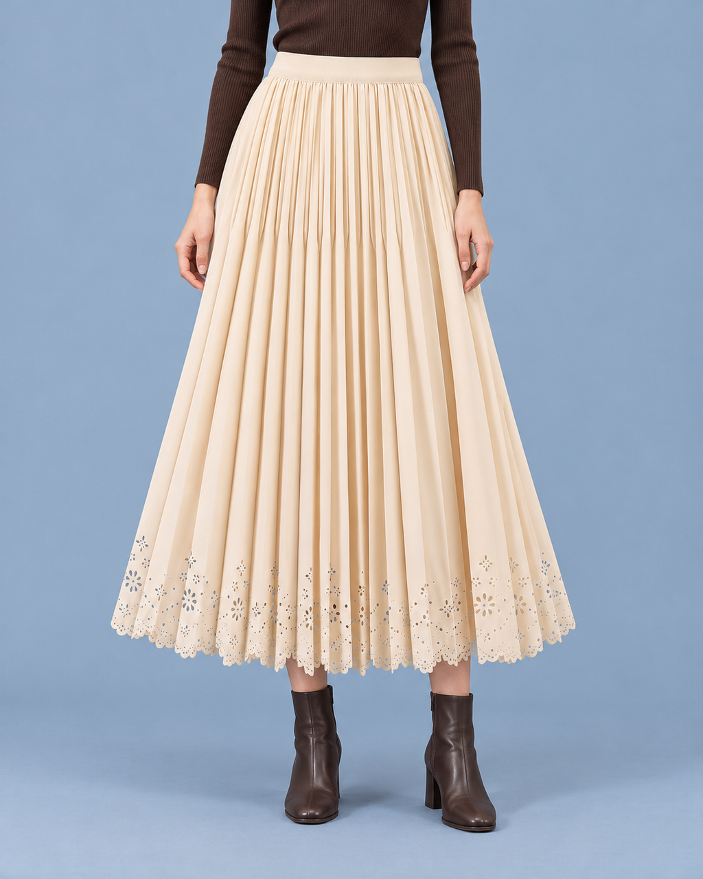 Pleated Eyelet Hem Midi Skirt in Cream, front view on model