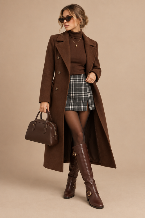 Autumn Tartan Look in brown: long brown coat over a brown mock neck top, grey tartan mini skirt, brown knee high boots and a brown top handle bag