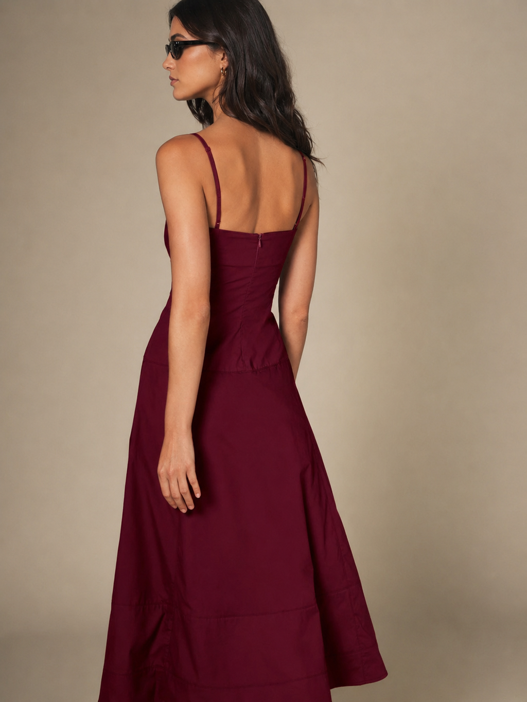 Back view of the Tiered Cotton Midi Dress in Burgundy showing the concealed zip