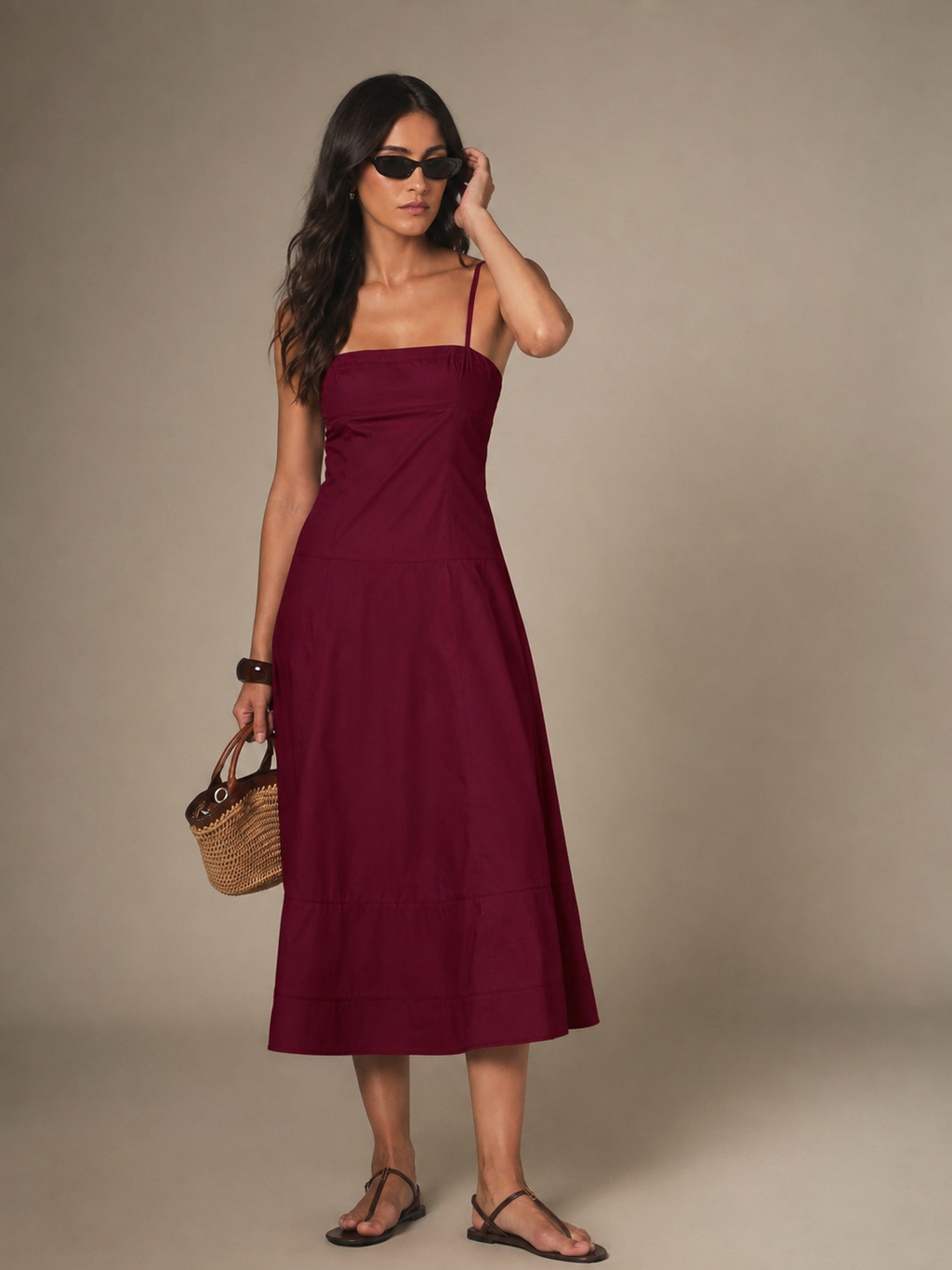 Tiered Cotton Midi Dress in Burgundy, full-length front view