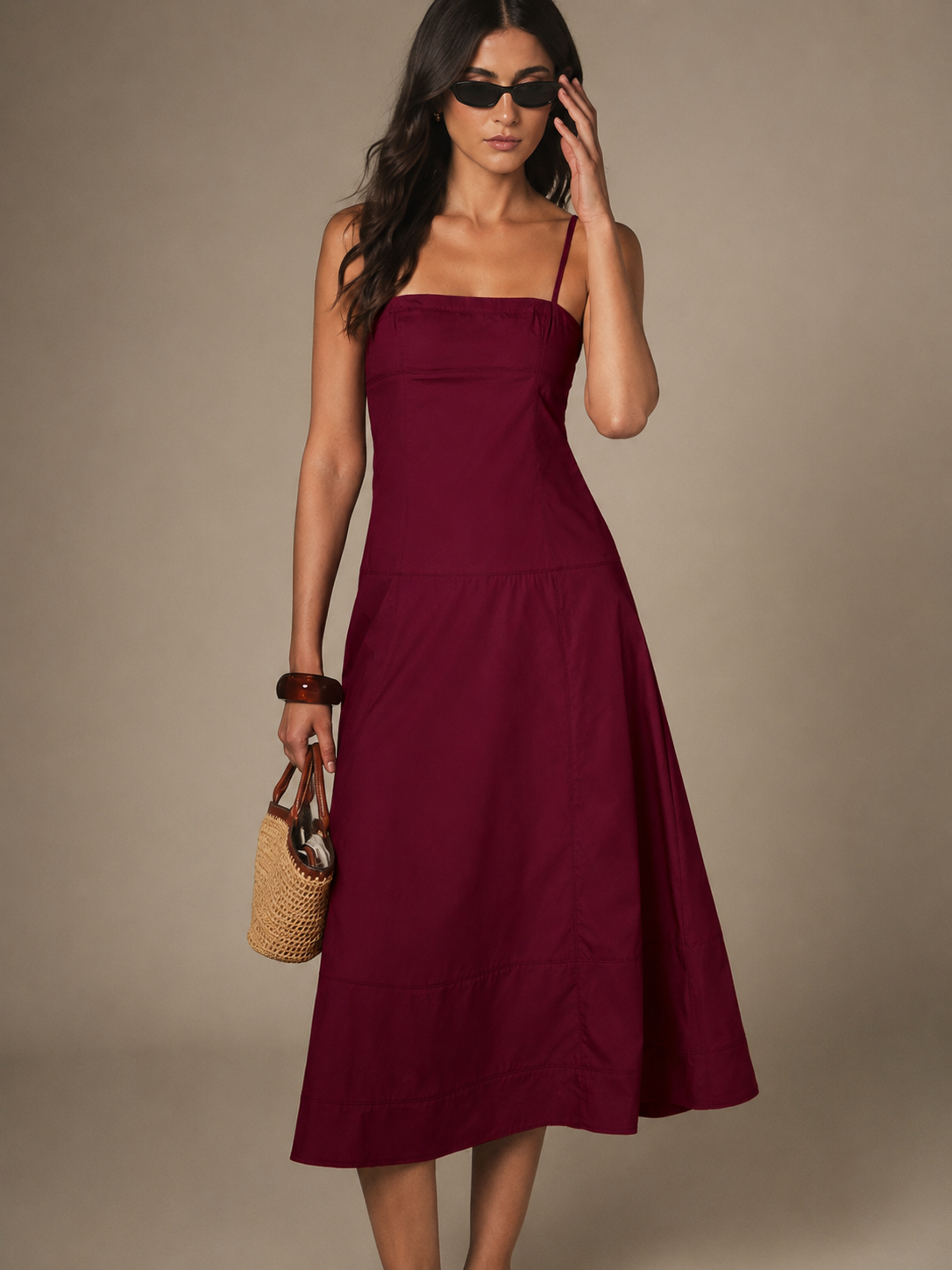 Tiered Cotton Midi Dress in Burgundy, three-quarter view