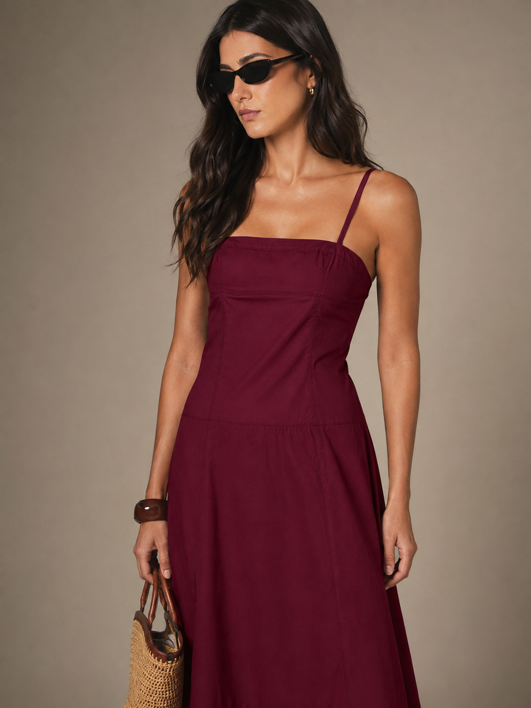 Close-up of the square neckline and seamed bodice in Burgundy