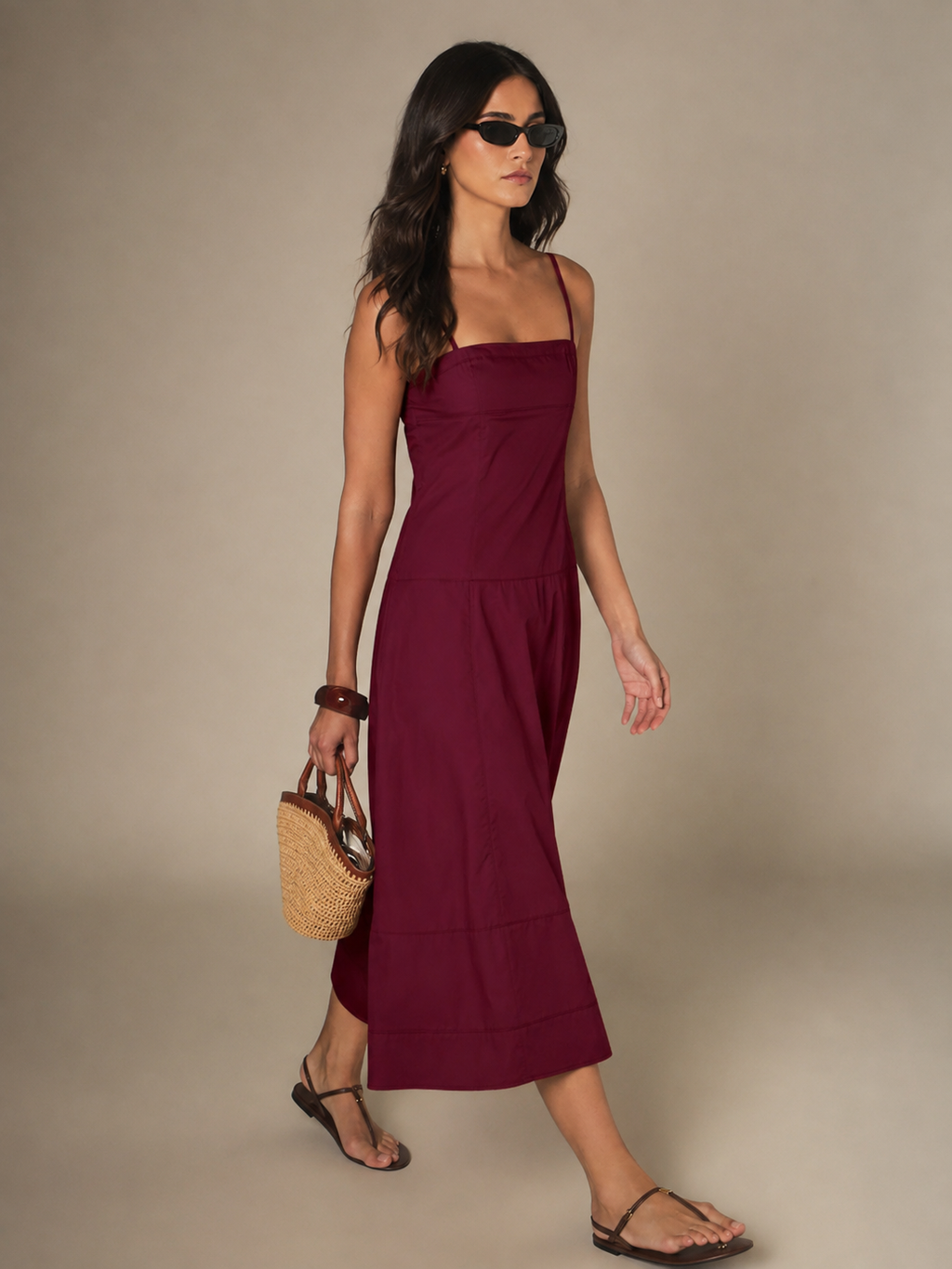 Tiered Cotton Midi Dress in Burgundy, side view in motion