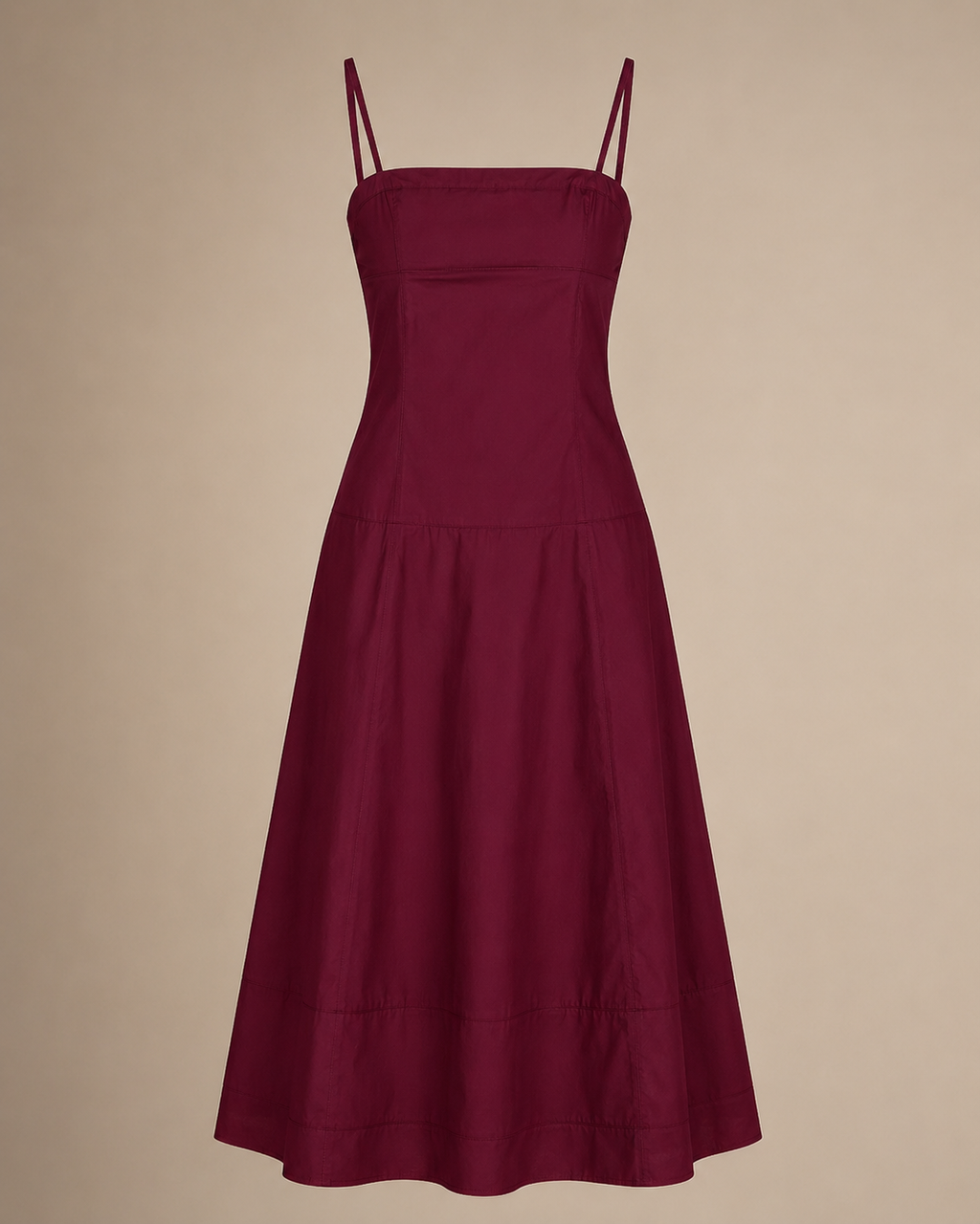 Tiered Cotton Midi Dress in Burgundy, product flat lay