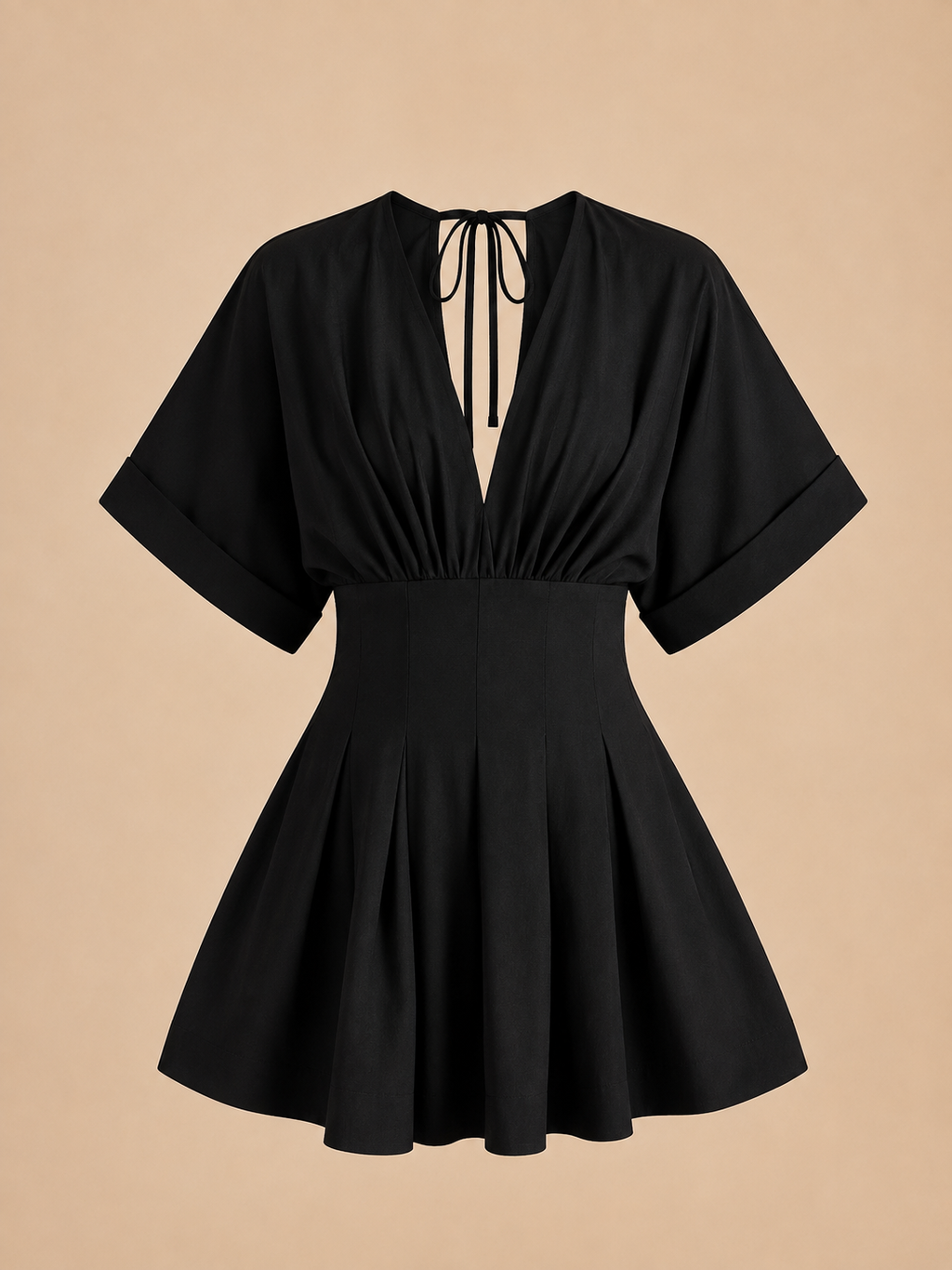 Kimono-Sleeve Pleated Mini Dress in Black — product shot
