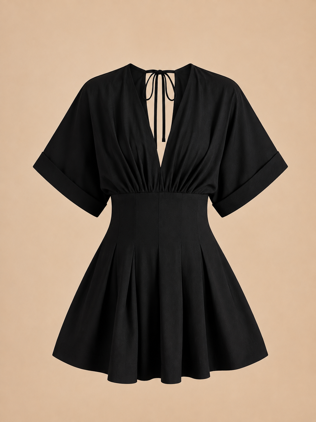 Kimono-Sleeve Pleated Mini Dress in Black — product shot