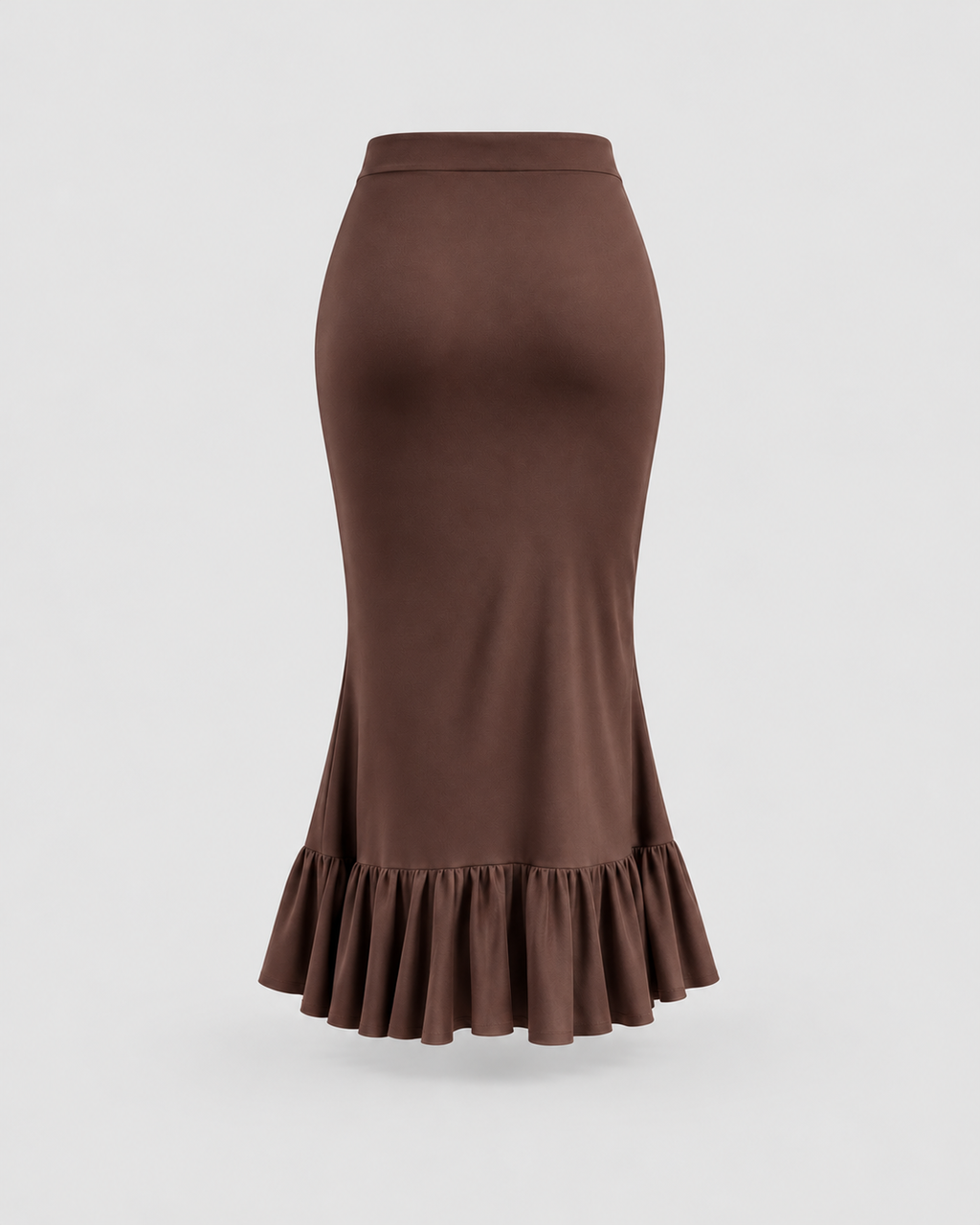 Asymmetric Ruffle Ruched Midi Skirt in Mocha Brown, back view on its own
