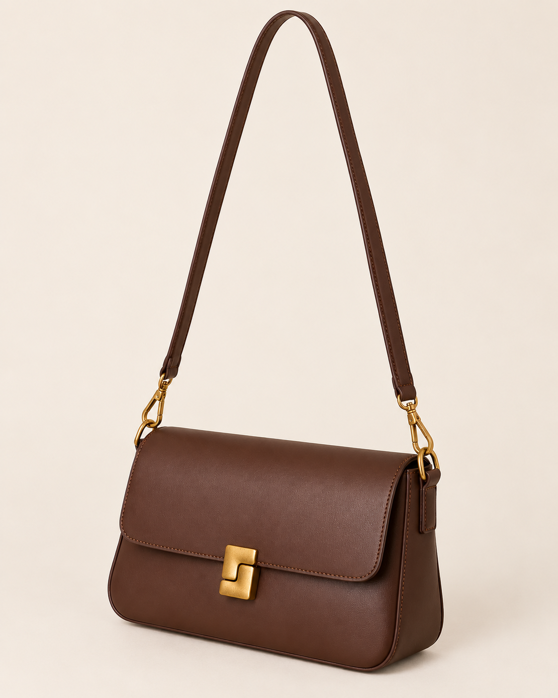 Square Clasp Flap Shoulder Bag in Mocha Brown, with a square gold tone clasp