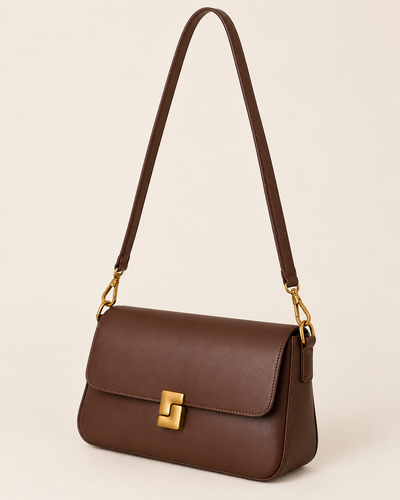 Square Clasp Flap Shoulder Bag in Mocha Brown, with a square gold tone clasp