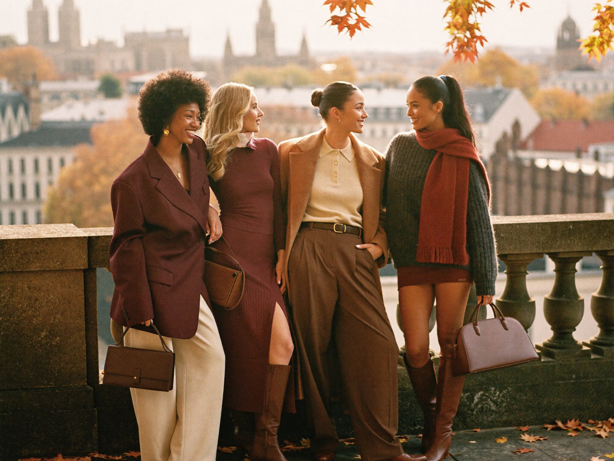 Four women in burgundy, chocolate and camel autumn layers on a stone terrace above a British city at golden hour