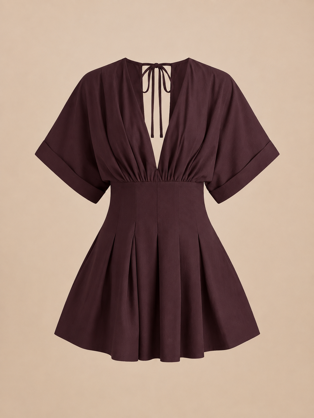 Kimono-Sleeve Pleated Mini Dress in Aubergine — product shot