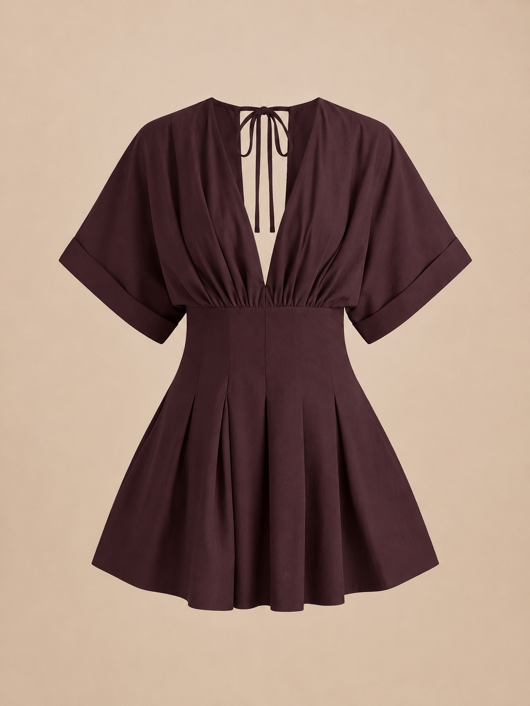 Kimono-Sleeve Pleated Mini Dress in Aubergine — product shot