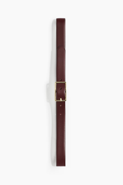 Burgundy belt with a squared gold-tone buckle