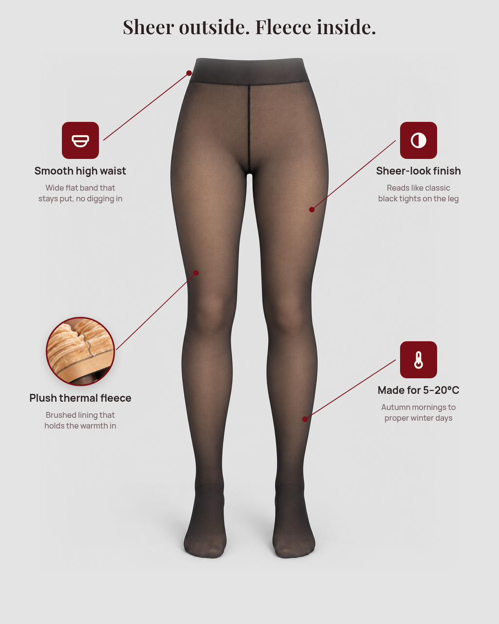 Fleece-Lined Sheer-Look Thermal Tights in Black, front view with the key features labelled