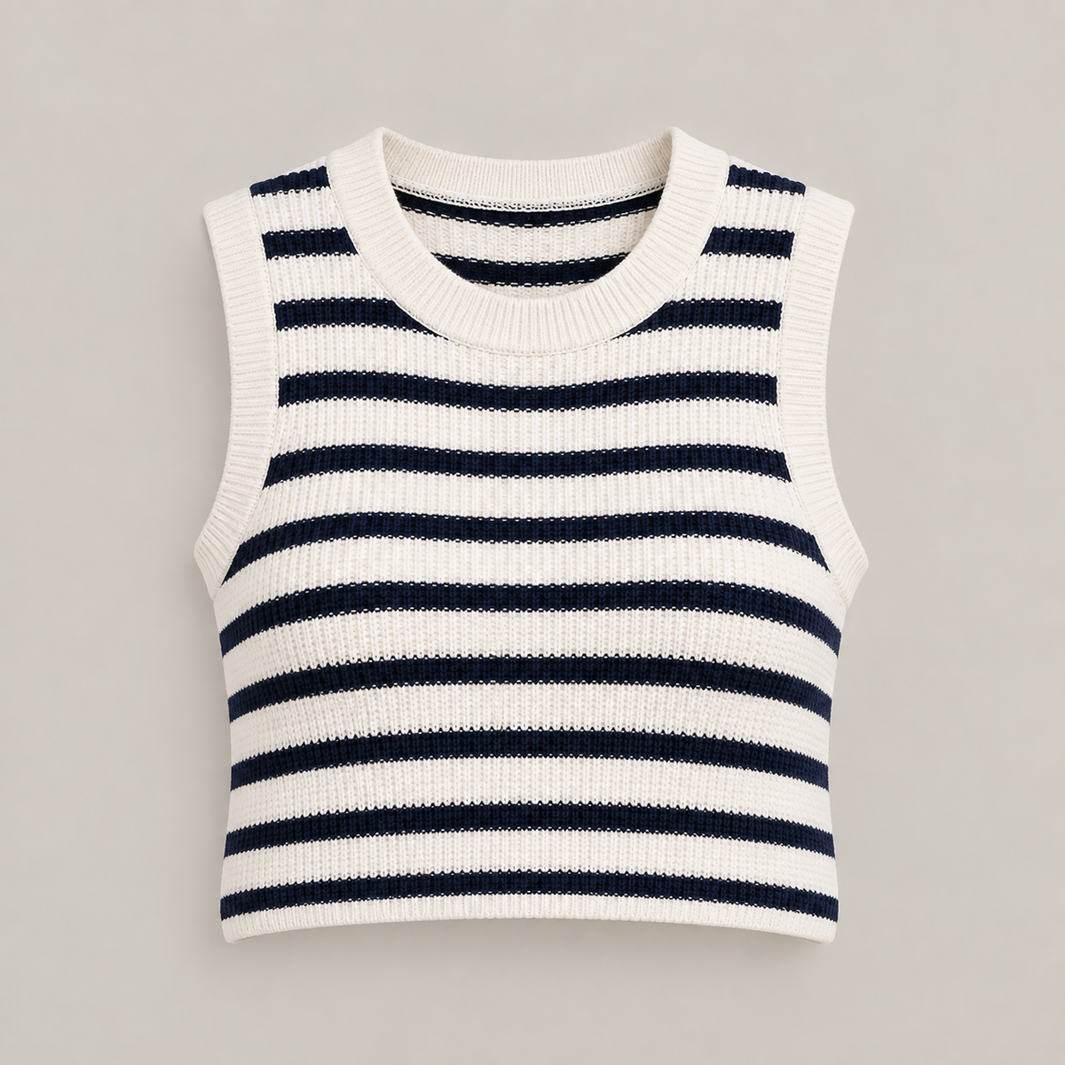 Breton Stripe Ribbed Knit Vest Top in Navy Blue and cream stripes, laid flat