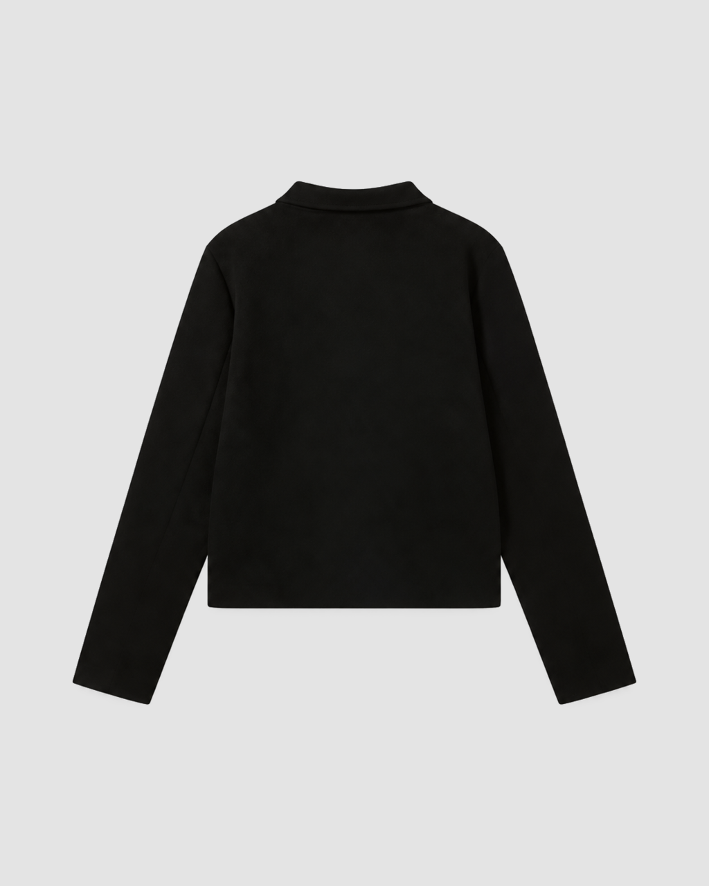 Faux Suede Cropped Collared Jacket in Black, back view on its own