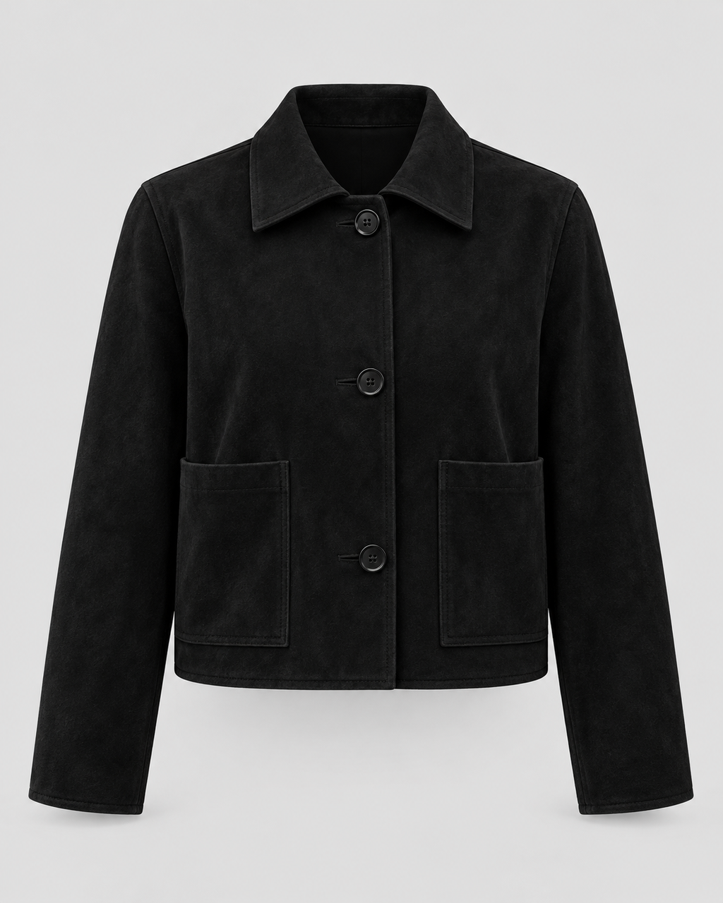 Faux Suede Cropped Collared Jacket in Black, front view on its own