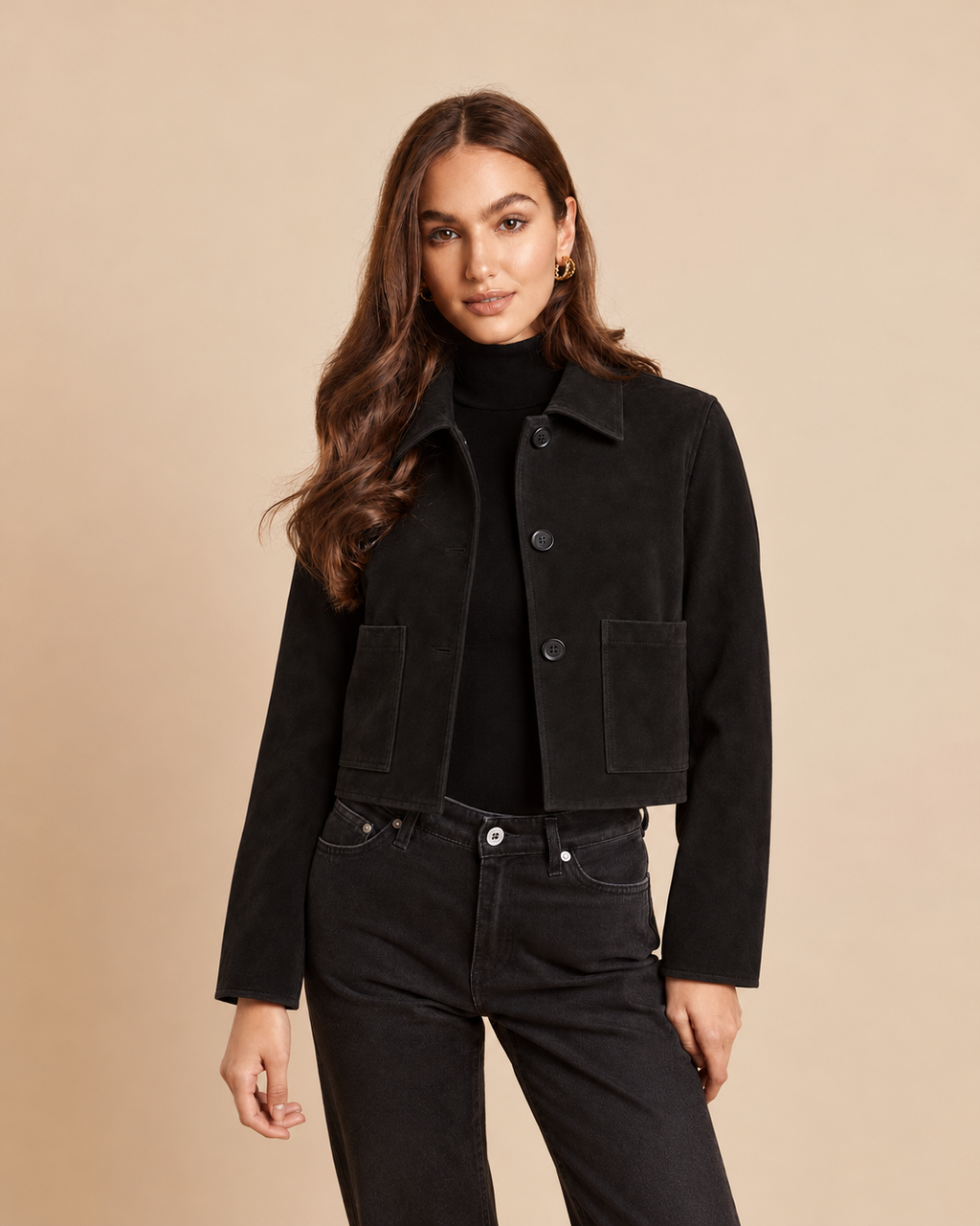 Faux Suede Cropped Collared Jacket in Black, front view on model