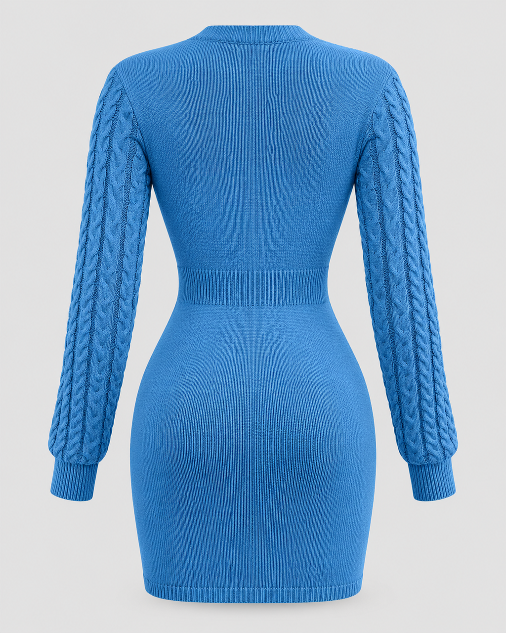 Cable Knit Cut-Out Bodycon Mini Dress in Azure Blue, back view on its own