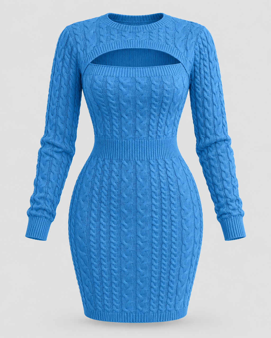 Cable Knit Cut-Out Bodycon Mini Dress in Azure Blue, front view on its own