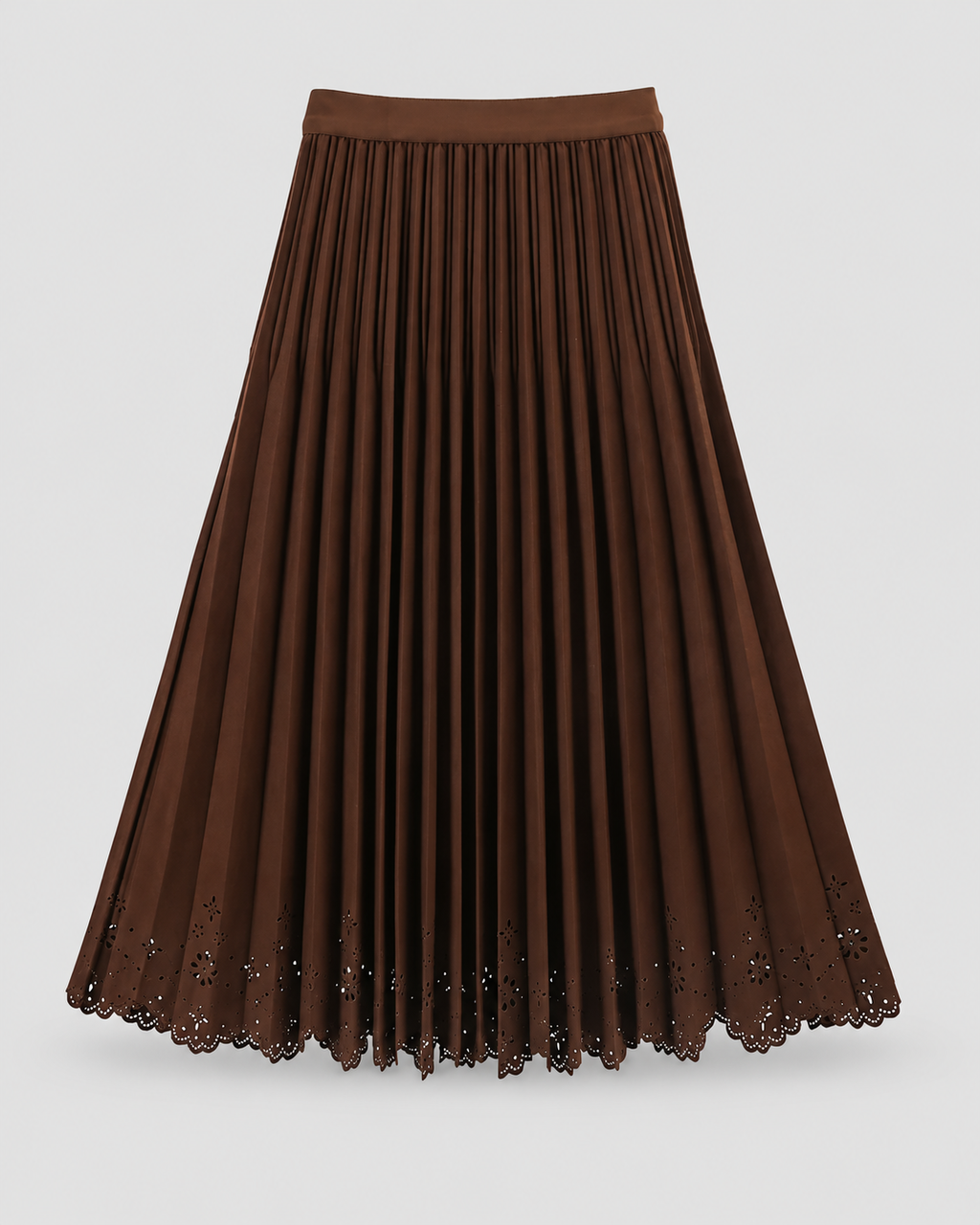 Pleated Eyelet Hem Midi Skirt in Mocha Brown, front view on its own