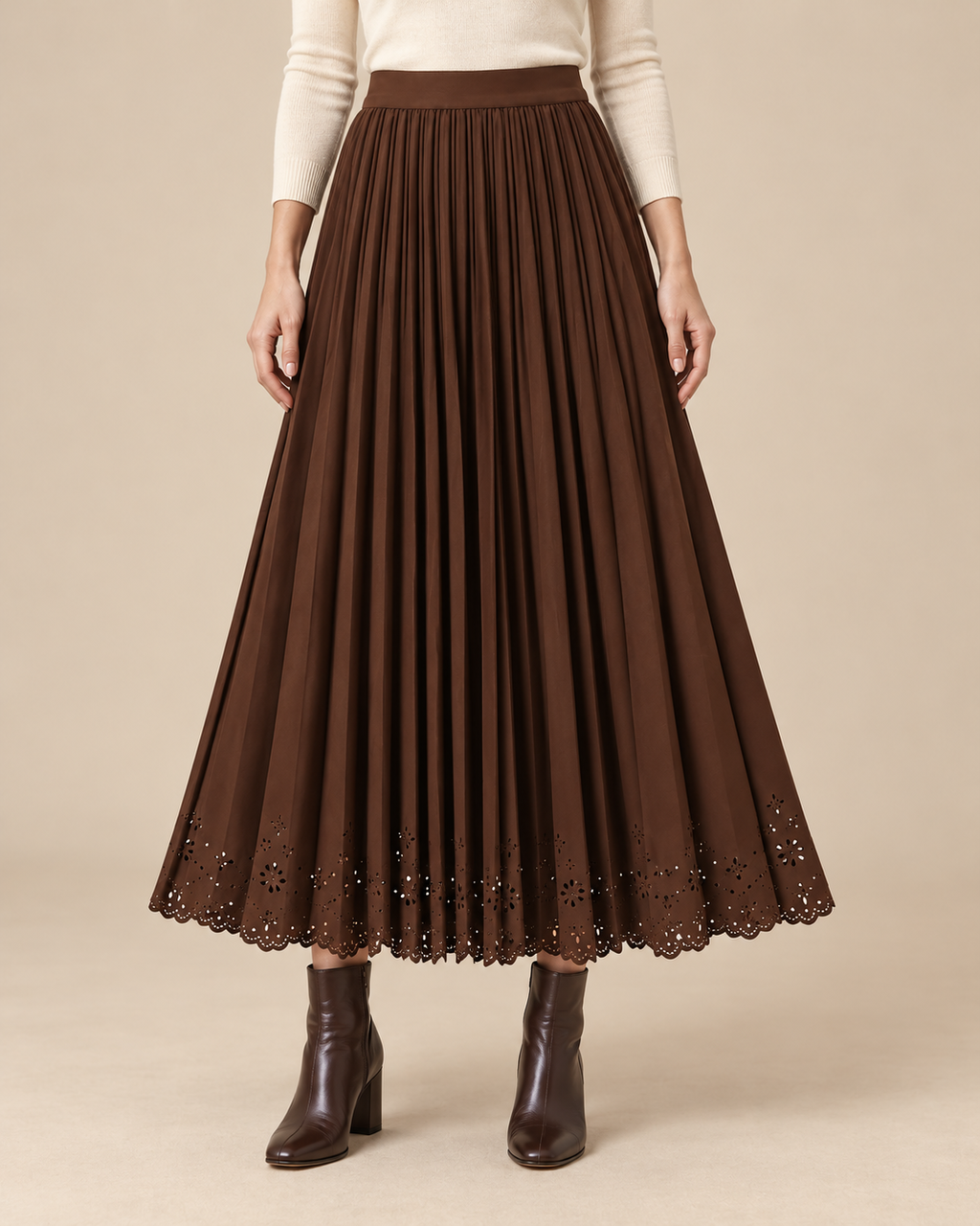 Pleated Eyelet Hem Midi Skirt in Mocha Brown, front view on model