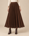 Pleated Eyelet Hem Midi Skirt in Mocha Brown, front view on model