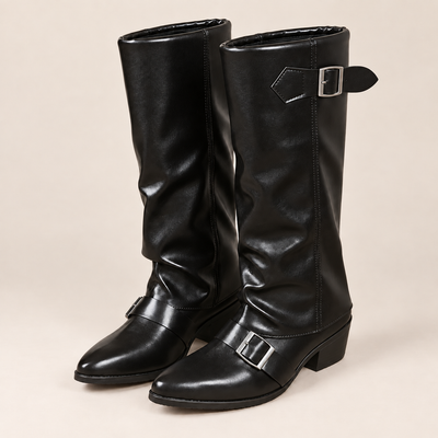 Buckle Strap Knee High Boots in Black