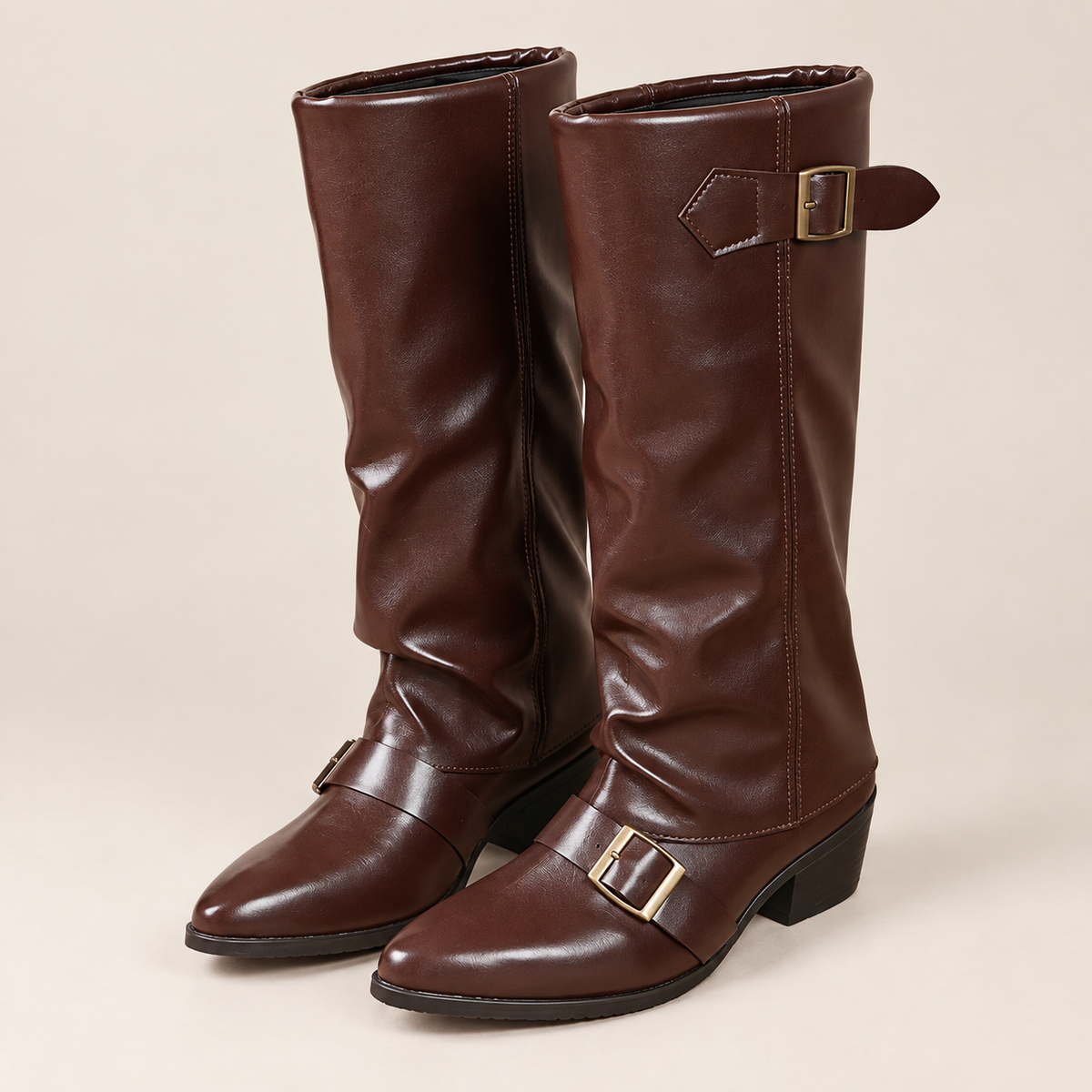 Buckle Strap Knee High Boots in Mocha Brown