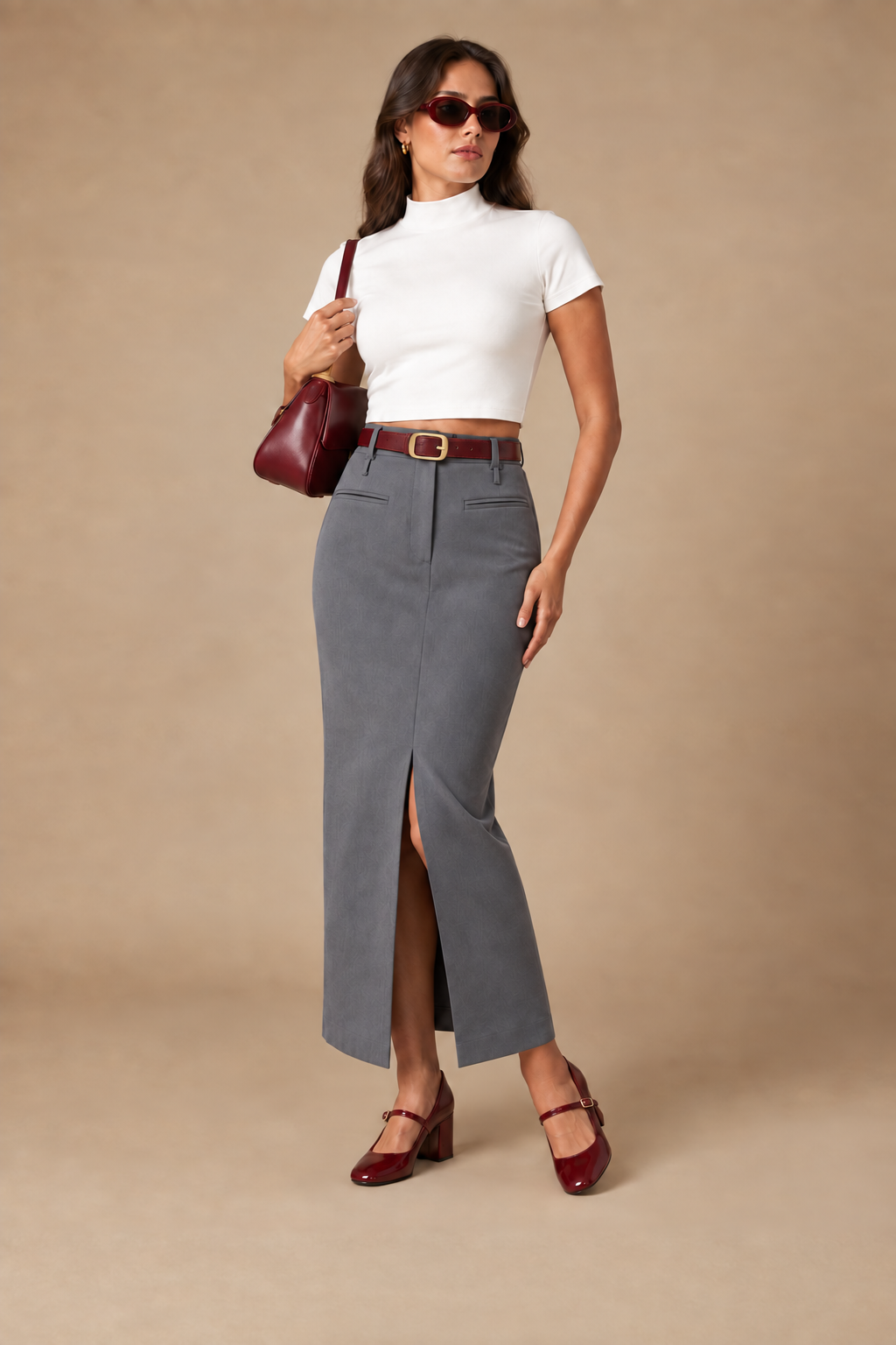 Model wearing the Burgundy Accent Look, white crop top and grey tailored maxi skirt