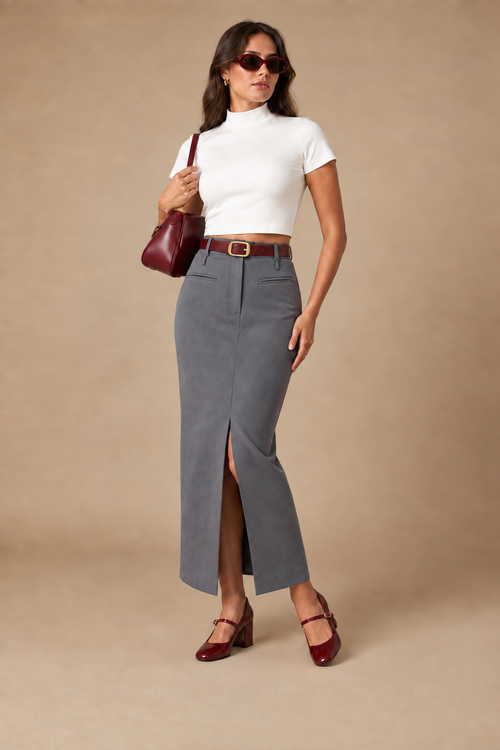 Model wearing the Burgundy Accent Look, white crop top and grey tailored maxi skirt