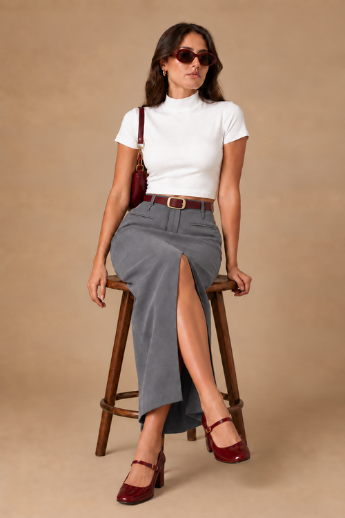 Model seated, showing the front slit of the grey tailored maxi skirt