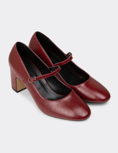 Burgundy patent Mary Jane heels with a block heel