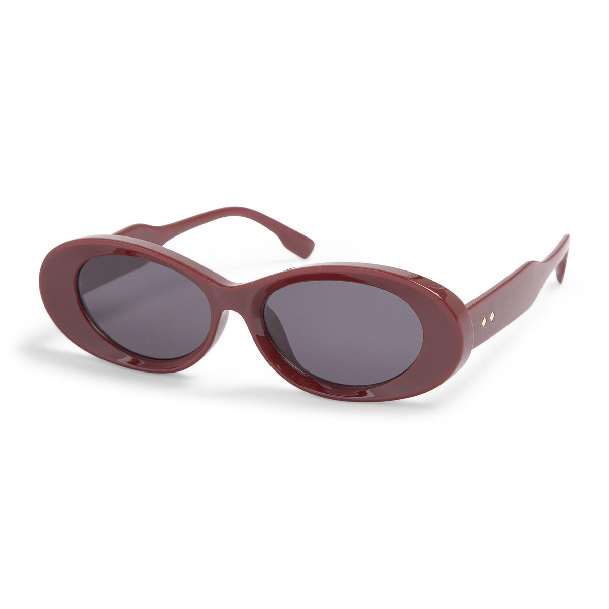 Burgundy oval sunglasses with smoke grey lenses