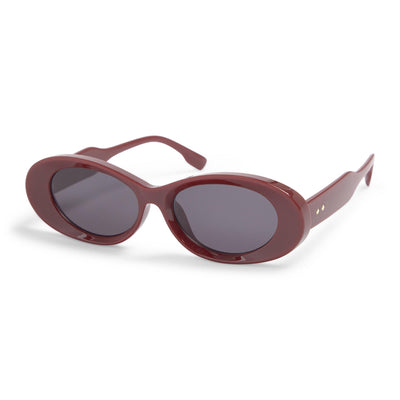 Burgundy oval sunglasses with smoke grey lenses