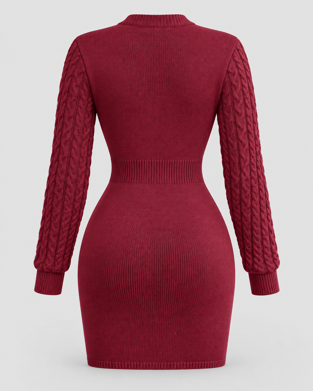 Cable Knit Cut-Out Bodycon Mini Dress in Burgundy, back view on its own